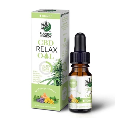 Frasco de óleo CBD Relax da Plantof Remedy com embalagem verde e branca e conta-gotas preto