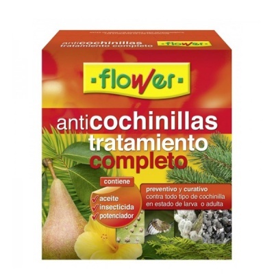 Embalagem do tratamento anti cochonilhas Flower com texto e imagens de plantas