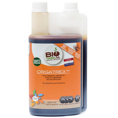 Frasco de fertilizante líquido orgânico com rótulo laranja e branco
