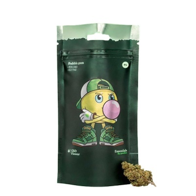 Embalagem preta com ilustração de cara a mascar pastilha elástica e flor de CBD