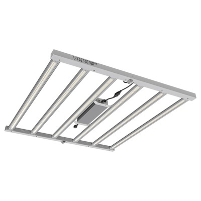 Luminária LED retangular branca com barras de luz e texto Fission