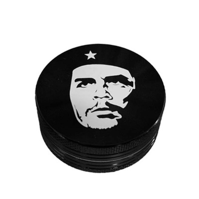 Moedor redondo preto com ilustração branca da face de Che Guevara e estrela