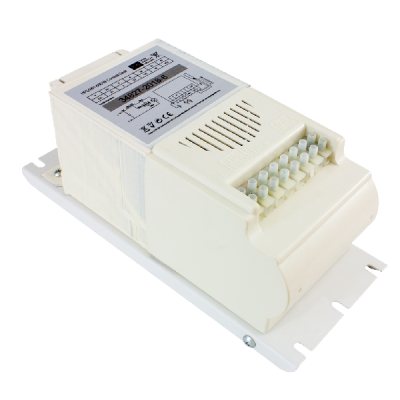 Dispositivo eletrónico branco com terminais e base de montagem branca