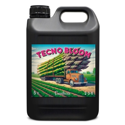 Recipiente de plástico preto com rótulo colorido de caminhão e espargos