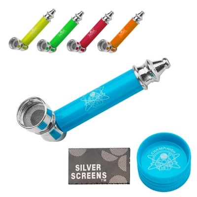 tubos metálicos coloridos com filtro, caixa preta SILVER SCREENS™ e recipiente azul CHAMP HIGH