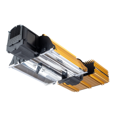 Luminária industrial retangular amarela com dissipadores pretos