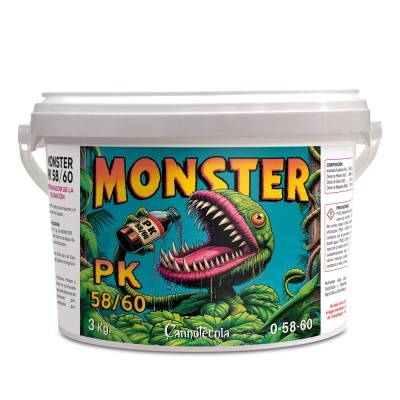 Embalagem de fertilizante MONSTER PK 58/60 com ilustração de planta carnívora