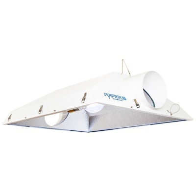 Refletor de luz branco para cultivo com entradas cilíndricas e texto RAPTOR INTERNATIONAL.