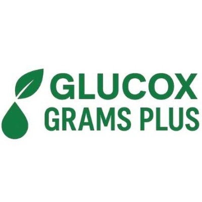 Logótipo com a folha verde, gota e texto GLUCOX GRAMS PLUS