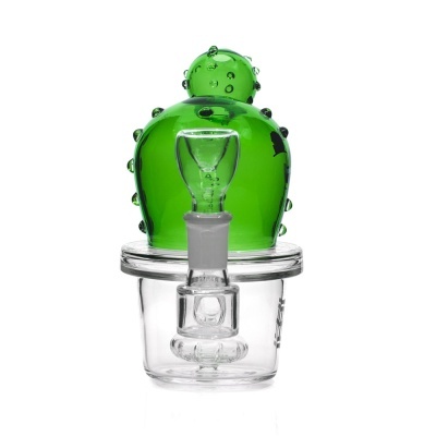 Peça de vidro transparente com copo e estrutura verde que parece um cacto