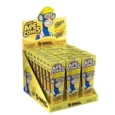 Expositor amarelo com pacotes de cones pré-rolados G-Rollz Ape Cones com ilustração de macaco e sabor banana cloud