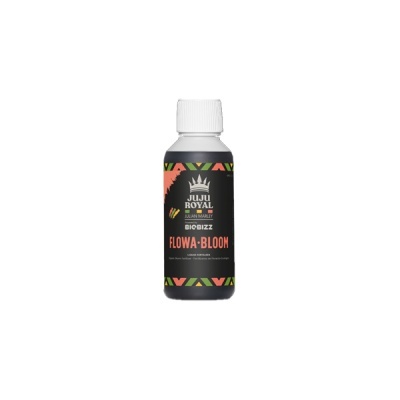 Frasco preto com tampa branca do produto Biobizz Juju Royal Flowa Bloom