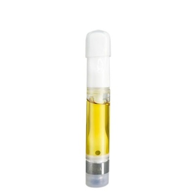 Frasco cilíndrico transparente com tampa branca e líquido amarelo