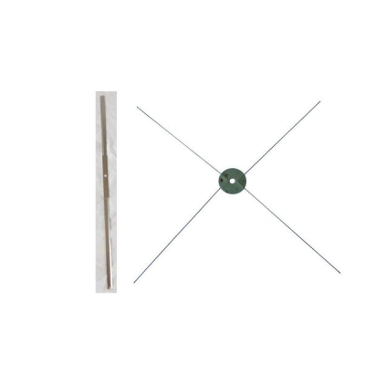 Suporte metálico cruzado com base verde e haste longa em fundo branco