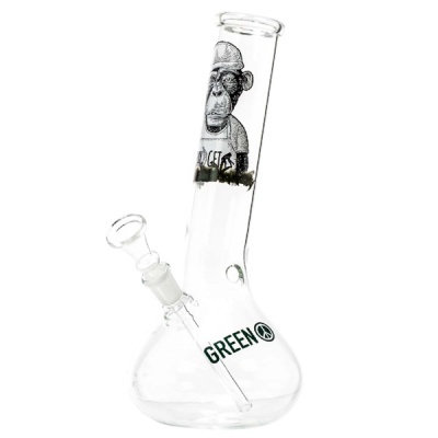Bong de vidro transparente com ilustração de macaco e textos GREEN e DO CETS