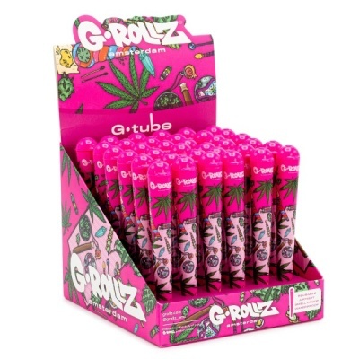 Expositor cor-de-rosa com tubos G-Rollz decorados com folhas de cannabis e texto