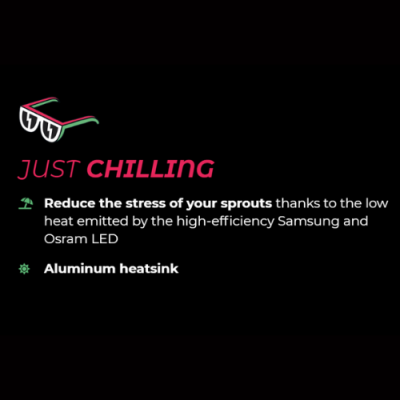 Texto promocional sobre produto LED em fundo preto com texto em rosa, branco e ícones verdes