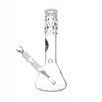 Bong de vidro transparente com detalhes em relevo na parte superior e tubo inclinado