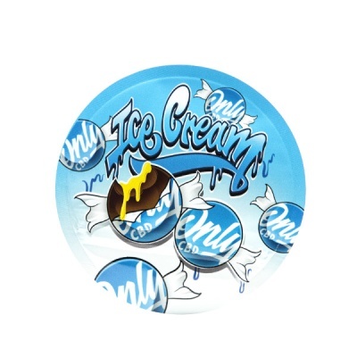 Design gráfico circular azul e branco com texto Ice Cream e Only CBD