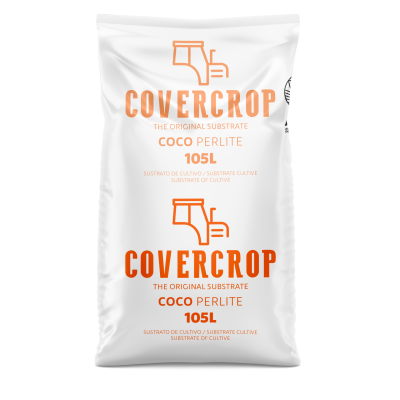 Saco branco com texto e logotipo laranja, produto COVER CROP substrato cultivo 105L