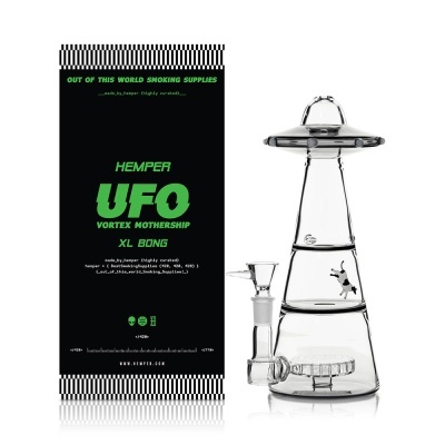 Bong de vidro em forma de disco voador com embalagem preta e verde