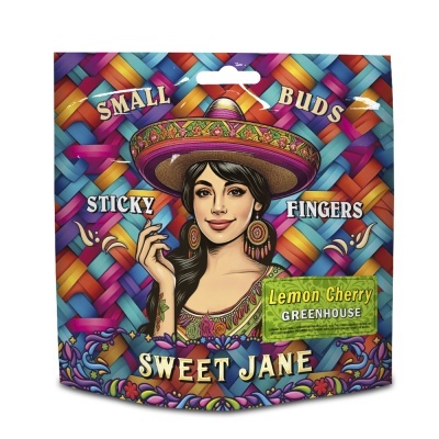 Pacote colorido com mulher ilustrada e textos Small Buds Sticky Fingers Lemon Cherry Greenhouse Sweet Jane