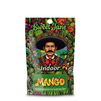 Embalagem plástica colorida com ilustração de homem mexicano e texto Sweet Jane Indoor Mango
