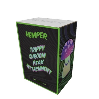 Embalagem preta com texto verde e lilás Hemper Trippy Shroom Peak Attachment e imagem colorida de cogumelo sorridente.