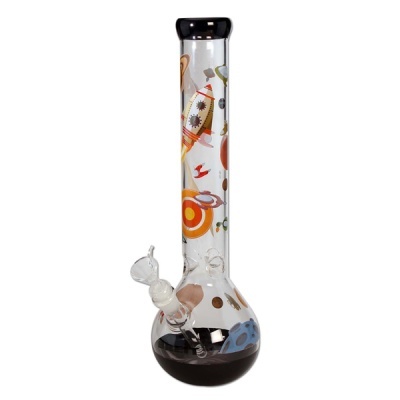 Bong de vidro com desenhos de foguetes e planetas, base preta