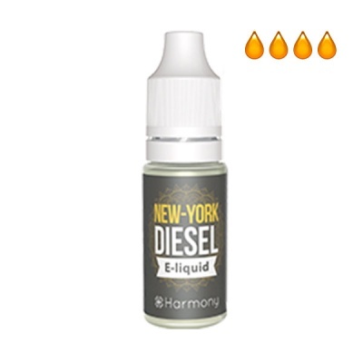 Frasco de e-liquid New-York Diesel com rótulo cinza e texto amarelo e branco