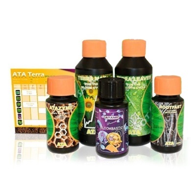 Conjunto de frascos de suplementos para plantas ATA com rótulos coloridos e tampas laranja.