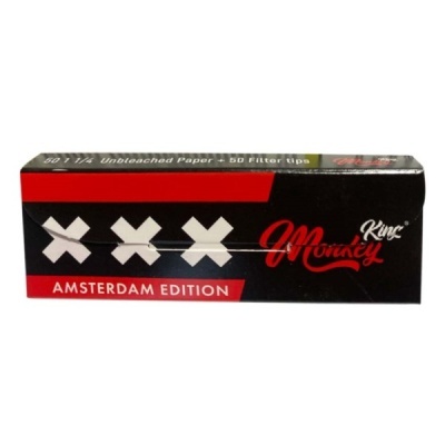 Pack de papel de fumar preto e vermelho com texto XXX, J Monkey King, AMSTERDAM EDITION