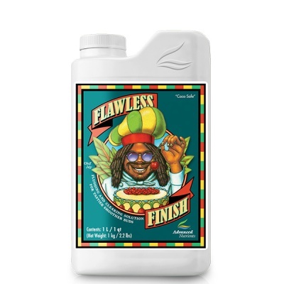 Frasco branco de plástico com rótulo colorido e personagem caricatural, texto FLawless Finish.