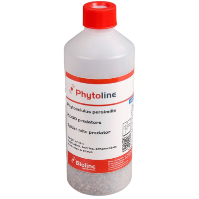 Frasco de plástico translúcido com tampa vermelha e rótulo branco Phytoline Bioline AgroSciences