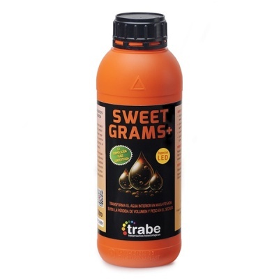 Frasco laranja com etiqueta preta do produto SWEET GRAMS+ da trabe