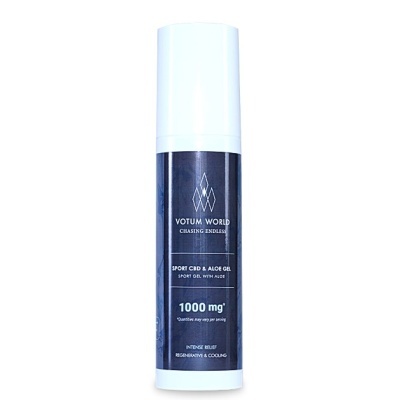 Garrafa de gel desportivo Votum World com rótulo azul escuro e tampa branca