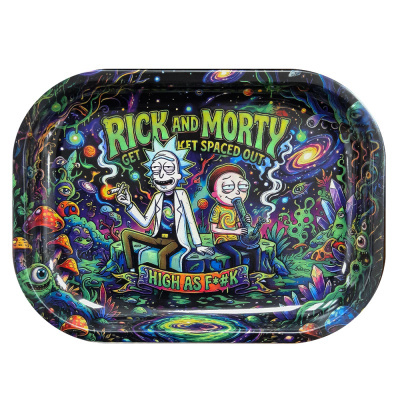 Tabuleiro metálico colorido com arte Rick and Morty e texto temático