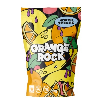 Embalagem colorida com laranjas e folhas e texto Orange Rock