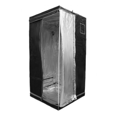 Tenda de cultivo interior preta com interior prateado refletor e estrutura em metal