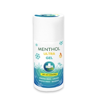 Frasco branco de gel Menthol Ultra Gel com rótulo colorido contendo texto e ícones de flocos de neve e fogo.