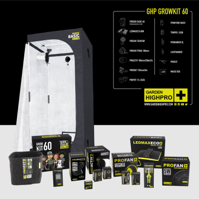 Kit de cultivo GHP Growkit 60 com estufa branca e vários equipamentos em caixas pretas e amarelas.