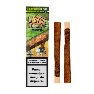 Pacote de Jays Hemp Wraps Enhanced Eldorado com dois cigarros enrolados ao lado