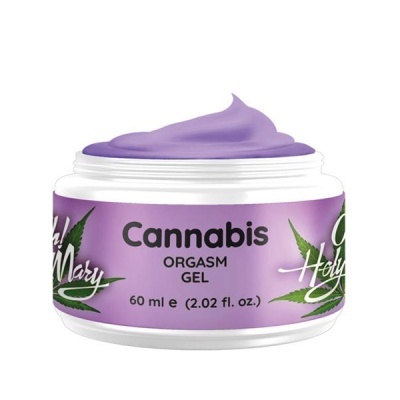 Frasco branco com gel roxo Cannabis Orgasm Gel 60 ml com folhas de cânhamo