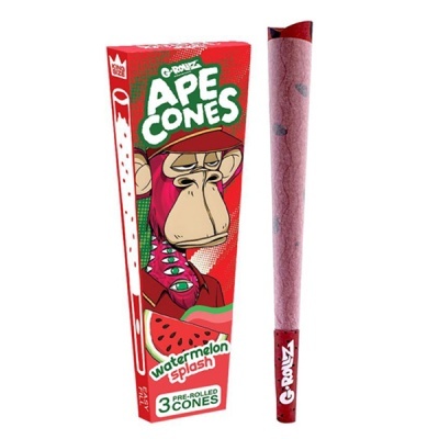 Caixa vermelha de cones pré-enrolados com design de macaco e cone rosado ao lado