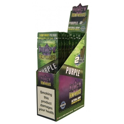 Embalagem de wraps Juicy Hemp Wraps Purple com aviso de saúde