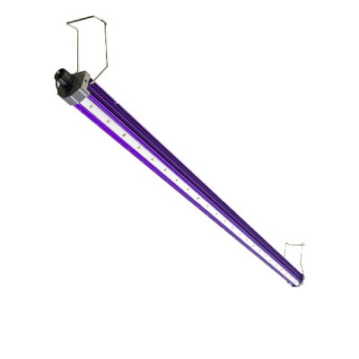 Luminária LED linear roxa com gancho metálico