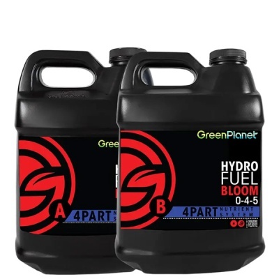 Dois recipientes pretos de produto GreenPlanet Hydro Fuel Bloom rotulados A e B