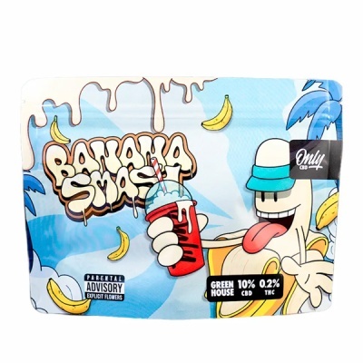 Embalagem do produto Banana Smash com ilustração animada colorida