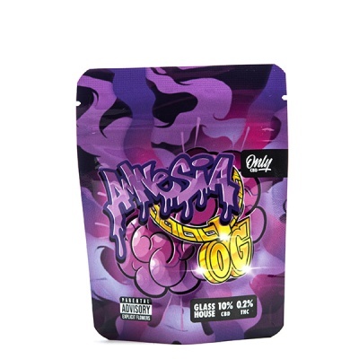 Embalagem com design graffiti roxo com texto AMNESIA OG, Only CBD e informações de conteúdo.