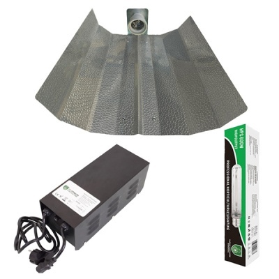 Conjunto de refletor metálico prateado, balastro negro e embalagem de lâmpada HPS 600W